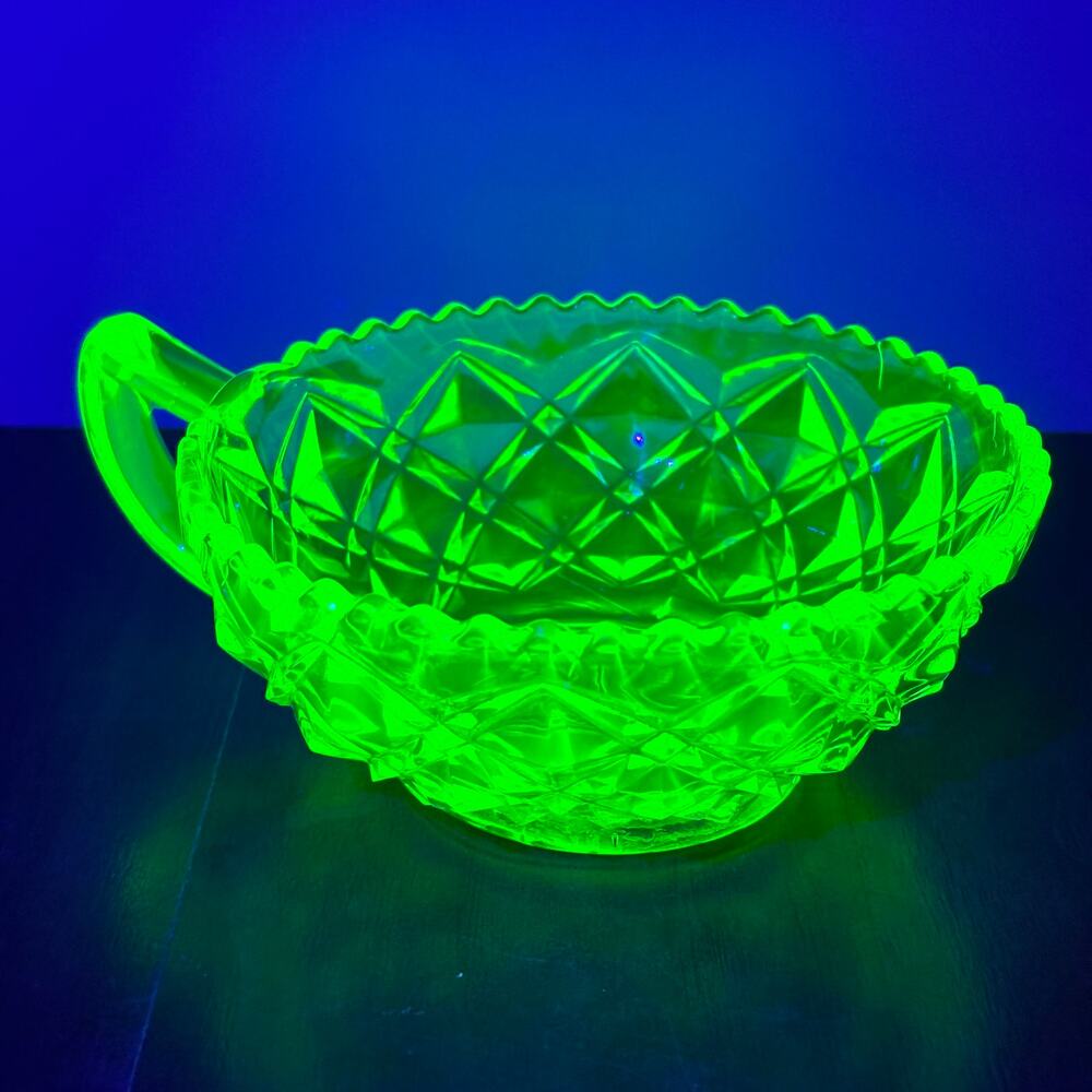 Imperial Uranium Green Glass Diamond Block "Little Jewel" Handled Candy Bowl